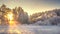 Winter nature landscape in bright sunrise. Frosty and snowy trees on river shore in golden vivid sunlight