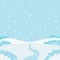 Winter nature, landscape. Field, snowy white hills, snowdrifts, sky with snowflakes, meadow. Vector illustration