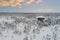 Winter nature scene of Estonia. Observation tower on the Viru swamp in winter. Drone photo