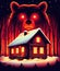 Winter night cabin. Grizzly bear. Glowing red evil eyes. retro 80s poster illustration style. Dry trees in the night winter.