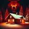 Winter night cabin. Grizzly bear. Glowing red evil eyes. Vintage, retro 80s poster illustration style. Bear attack in the winter