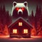 Winter night cabin. Grizzly bear. Glowing red evil eyes. Vintage, retro 80s poster illustration style. Mysterious bear