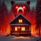 Winter night cabin. Grizzly bear. Glowing red evil eyes. Vintage, retro 80s poster illustration style. snow covered woods.