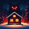 Winter night cabin. Grizzly bear. Glowing red evil eyes. Vintage, retro 80s poster illustration style. Stalking mystery bear