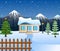 Winter night with christmas trees,snowy house and a mountain background