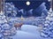 Winter night forest landscape with deers,  rabbit, village, mountains, moon and starry sky. Vector drawing illustration in cartoon