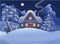 Winter night forest landscape with wooden house, mountains, moon and starry sky. Vector drawing illustration in cartoon style. Hor