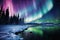 Winter night landscape with colorful northern lights in the forest on the lake shore. Aurora Borealis. AI generated