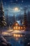 Winter night landscape with a cozy cabin illuminated by warm lights amidst snowy pine trees by a pond. Copy space