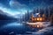 Winter night landscape with a cozy cabin by a lake, surrounded by snow covered fir trees, under a snowfall