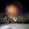 Winter night landscape with forest, pink polar light and fireworks over the taiga.