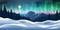 Winter night landscape northern lights aurora borealis  snowdrifts mountain pine tree forest