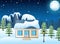 Winter night landscape with snow covered house and snowy rocks