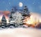 Winter night  landscape  at sunset,big moon,forest snowy trees,nature