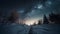 Winter night Milky Way astounds in forest generated by AI