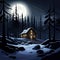Winter Night, moonlight, fantastic spooky house in a dark forest fantasy scene