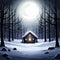 Winter Night, moonlight, fantastic spooky house in a dark forest fantasy scene