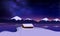 Winter night mountain landscape with a sky Milky Way, lake and a lonely house standing over a cliff. Simple flat illustration