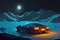 Winter night scene featuring abandoned vehicle buried in snow and large full moon in the background