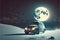 Winter night scene featuring abandoned vehicle buried in snow and large full moon in the background