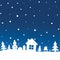 Winter night sky with snowfall over trees, house, snowman, sleigh with Christmas gift. New Year and Christmas concept