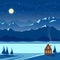 Winter night snow landscape with moon, mountains, hills, stars, fir trees, river, lake, cozy house, village cottage.