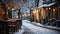 Winter night, snow outdoors, table, tree, illuminated lantern generated by AI