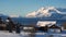 winter Norwegian panorama with the houses on a sea shore