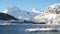 Winter norwegian panorama with the houses on a sea shore