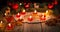 Winter ornamental decoration with burning candles on wooden rustic table.