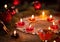 Winter ornamental decoration with burning candles on wooden rustic table.