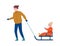 Winter outdoor games. Father carries child on sled. People cold season activities, parents with children together, happy