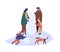 Winter outdoor rest flat vector illustration. Family members in warm clothes, parents and children making snowman