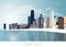 Winter Panorama of Chicago city with skyscrapers, frozen lake Michigan, Willis Tower, trees, snow and blue sky and sunny day. Land