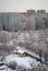 Winter panorama of the city overlooking the temple of Seraphim of Sarov under construction