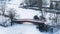 Winter panorama. Frozen trees, bushes and meadows.Winter scene - Old bridge in winter snowy park. Aerial view