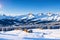 a winter panorama of the Italian ski resort of Seiser Alm with the high altitude Alpine meadow of Alpe di Siusi