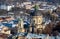 Winter panorama - landscape of old town with medieval cathedral