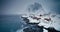 Winter panorama landscape of Reine village, Lofoten islands, Norway, rocky coast and snowy mountains peaks cinematic video