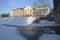 Winter panorama of Pskov. Winter time. Frozen river with ducks