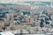 winter panoramic aerial view of a huge residential complex with high-rise buildings with snow