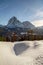 Winter Paradise in the Dolomites, scenic view of the Sassolungo above Selva di Val Gardena and Santa Christina in GrÃ¶den.