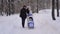 Winter Park. The couple spend time with a child in the park. Woman in warm jacket rolls the stroller with the child. A