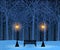 Winter park and outdoor landscape with bench, trees, streetlamps