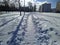 winter path in the city behind multi-storey buildings in the sunny daytime.