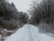 Winter path after ice storm with fallen trees and branches