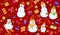 Winter pattern with snowmen, gifts and confetti. Family Snowman on dark red background