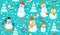 Winter pattern with snowmen, snowflakes and christmas trees. Family Snowman on blue background.