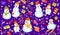 Winter pattern with snowmen, snowflakes and gifts. Family Snowman on dark blue background.