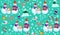 Winter pattern with snowmen, tree and gifts. Family Snowman on green background.
